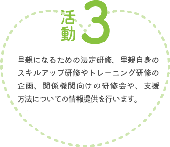 里親になるための法定研修、里親自身のスキルアップ研修やトレーニング研修の企画、関係機関向けの研修会や、支援方法についての情報提供を行います。