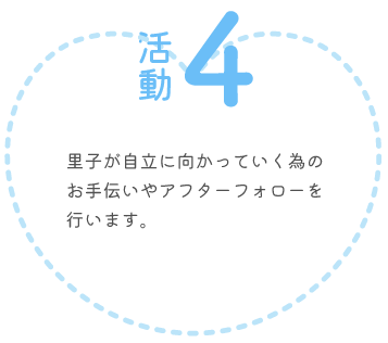 里子が自立に向かっていく為のお手伝いやアフターフォローを行います。